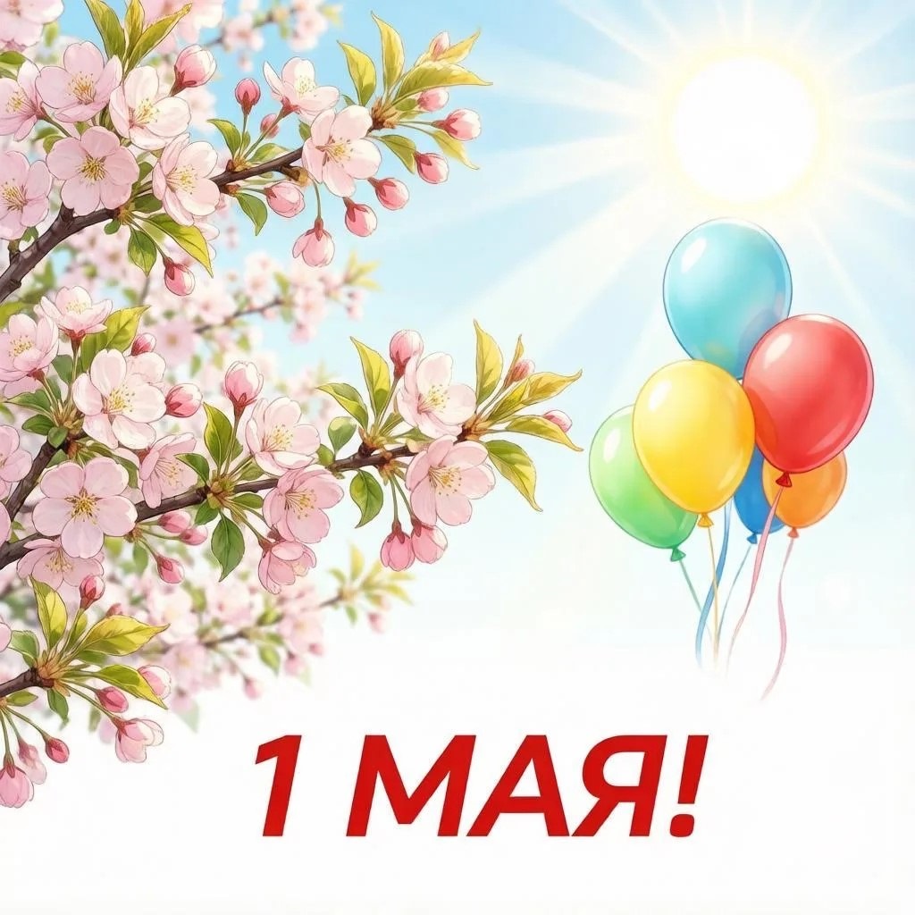 Цветы, шарики и надпись 1 мая